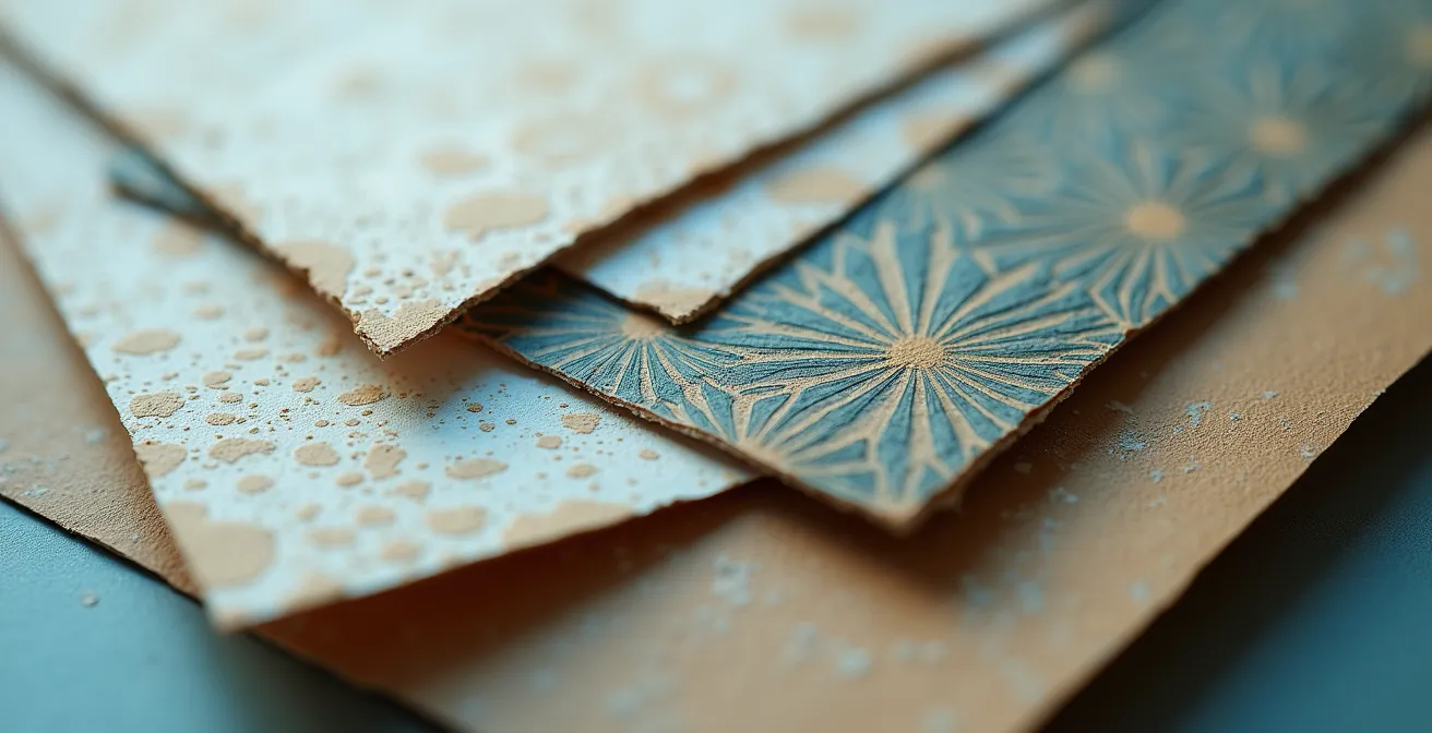 Detalle macro de papeles con tramas y patrones geométricos abstractos superpuestos