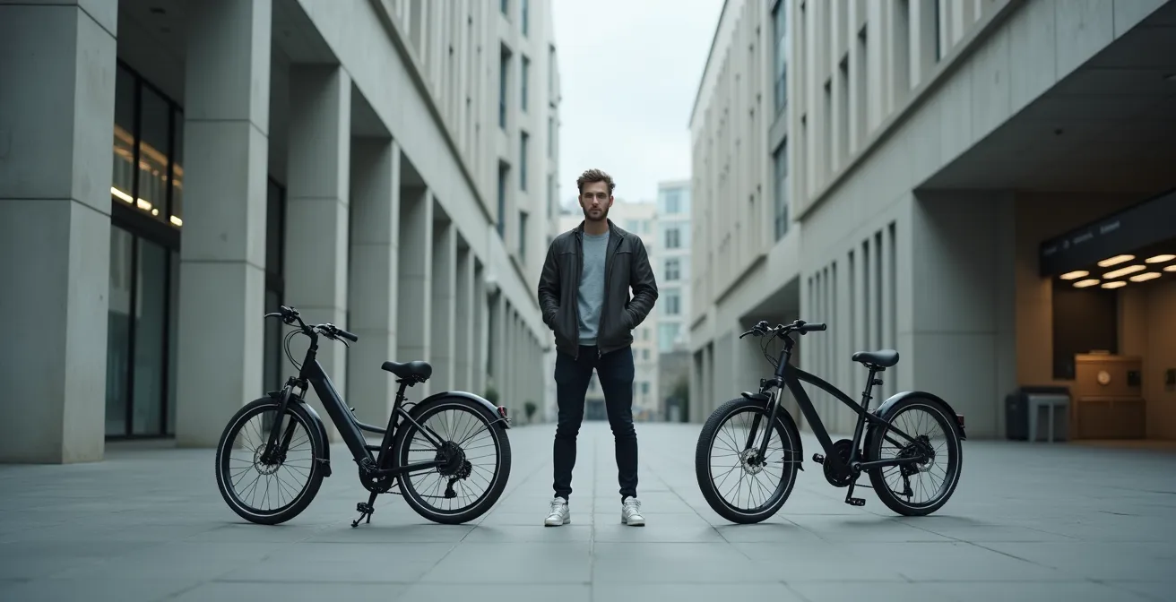 Persona con mochila junto a bicicleta eléctrica y llaves de coche en entorno urbano
