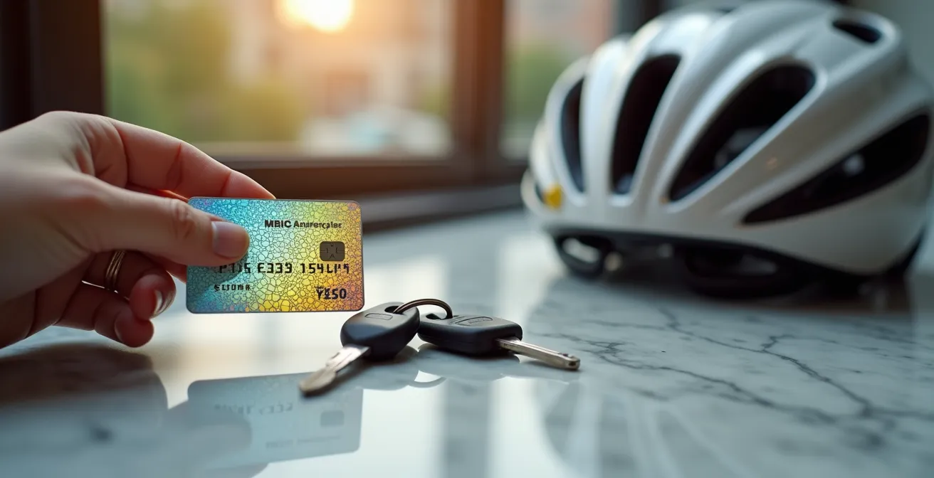 Mano sosteniendo tarjeta de transporte con patrón holográfico junto a llaves y casco de bicicleta