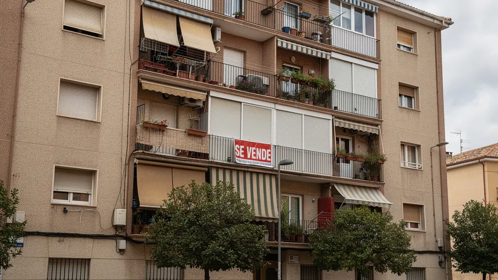 Fachada de edificio residencial español con cartel de Se Vende visible