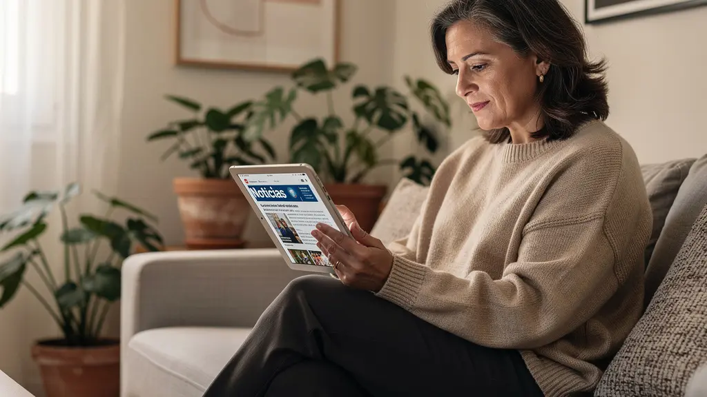 Propietaria española consultando valoración inmobiliaria en tablet desde su salón