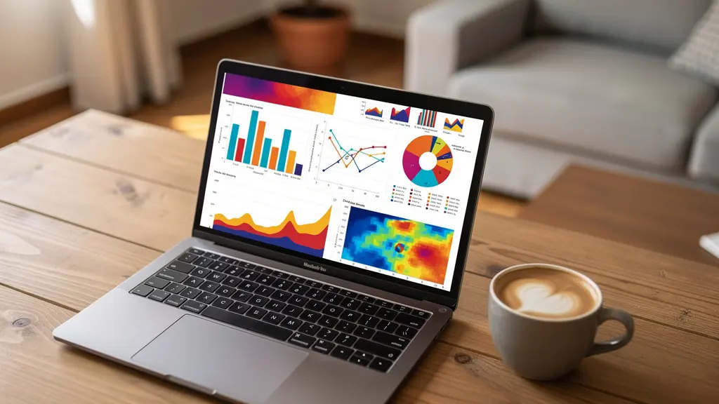 Pantalla de ordenador mostrando gráficos de valoración inmobiliaria online en salón español