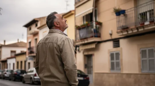 Propietario español observando fachada de edificio residencial pensando en valoración inmobiliaria